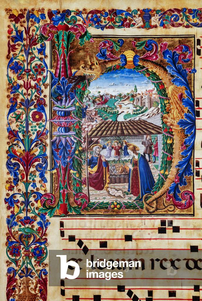 Piccolomini Library: choir book, cod. 2.B, ff. 5v with “Nativity”, by Florentine illuminator. Detail.