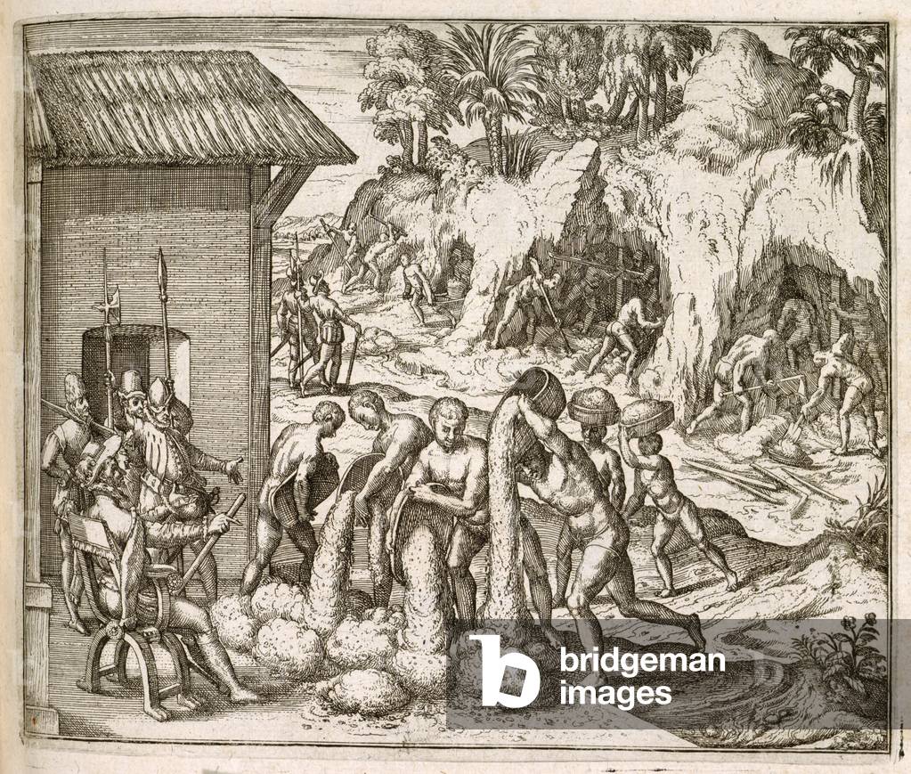 Des esclaves de Guinée creusant de l'or et de l'argent dans les mines, b/w
