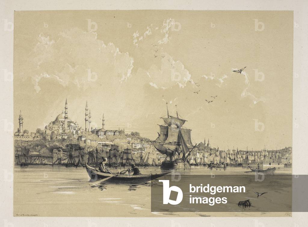 Vista di Costantinopoli. Una barca su un fiume. Vista della città.