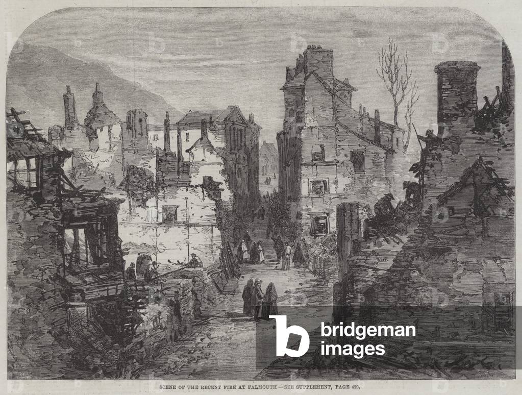 szene von der kürzlich feuer bei falmouth (gravur)