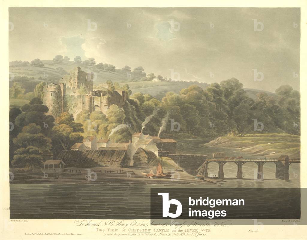 "Castello di Chepstow dietro gli alberi", b/w