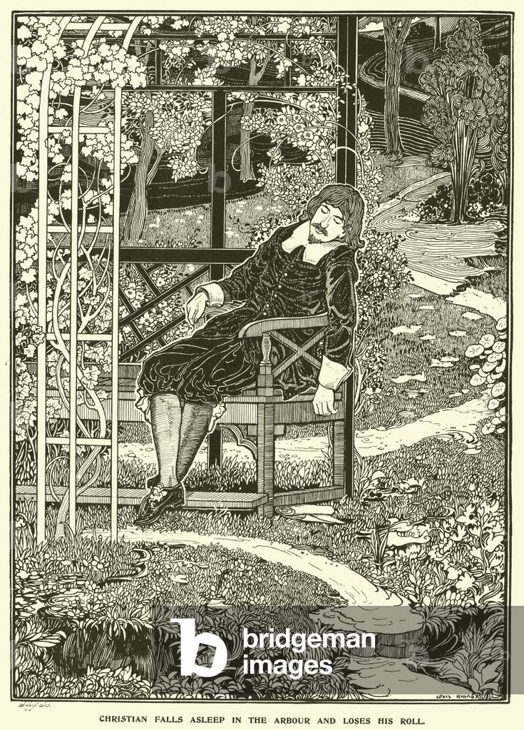 Christian Falls Asleep in the Arbour and Loses his Roll (engraving)