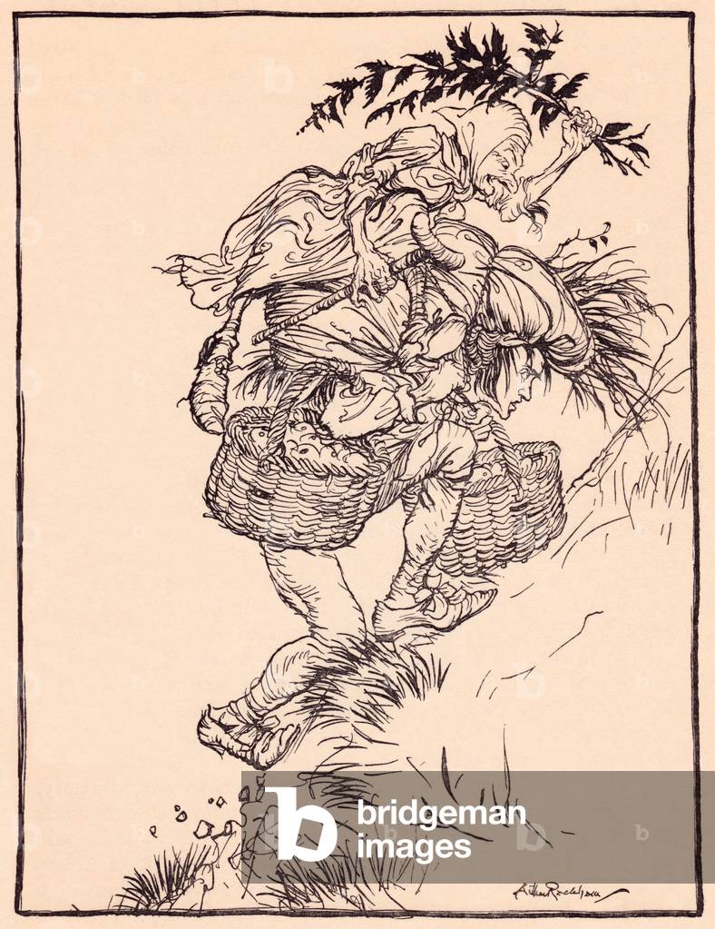 Gemendo continuamente, si arrampicò sulla montagna. Illustrazione di Arthur Rackham dalla favola di Grimm, La 