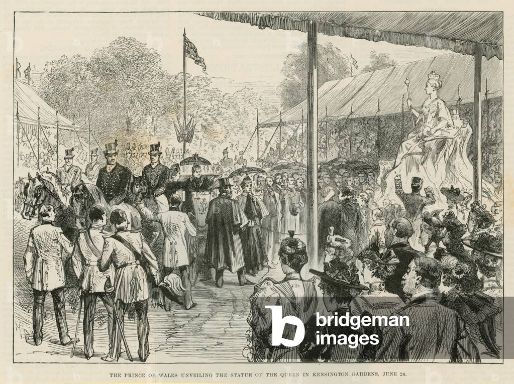 "Der Prinz von Wales enthüllt die Statue der Königin in Kensington Gardens (Gravur)" von English School