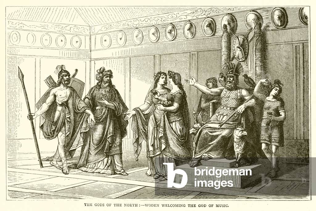 The Gods of the North:--Woden Welcoming the God of Music (engraving) by English Artist, b/w