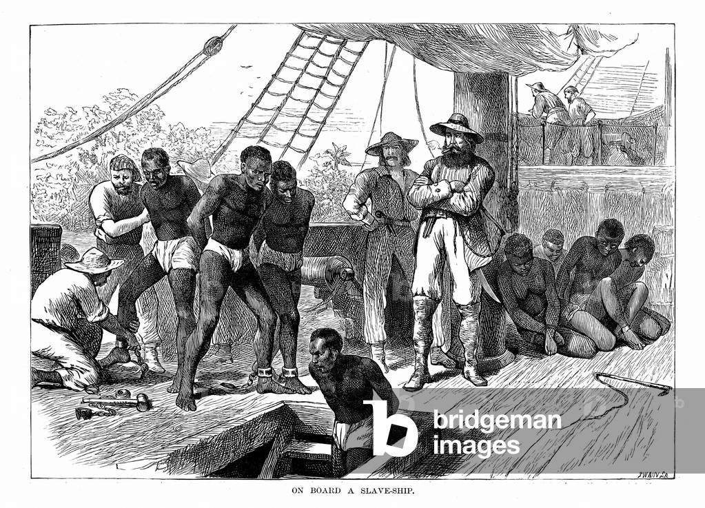 Captives being brought on board a slave ship on the West Coast of Africa (Slave Coast). Wood engraving c1880