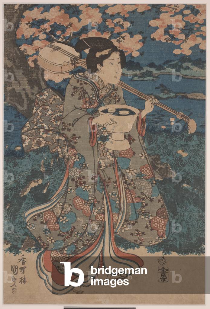 "Going to a Cherry Blossom Viewing Party (Farbholzschnitt)" von Utagawa Kunisada