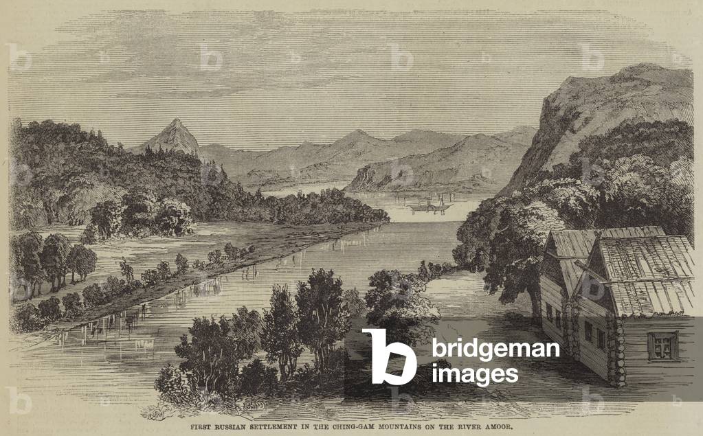 "Erste russische Siedlung im Ching-Gam-Gebirge auf dem Fluss Amoor (Gravur)" von English School, b/w