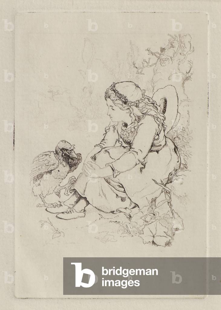 seduti ragazza e grande uccello (incisione)