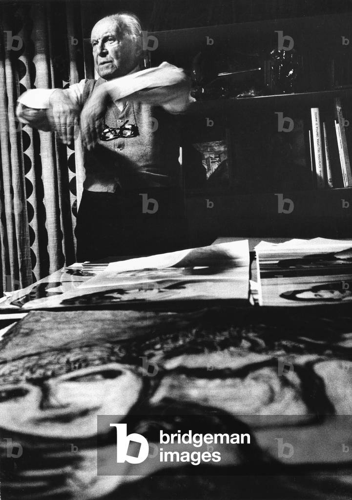 Giò Ponti, in his studio, Milan, Italy, 1975 (b/w photo)