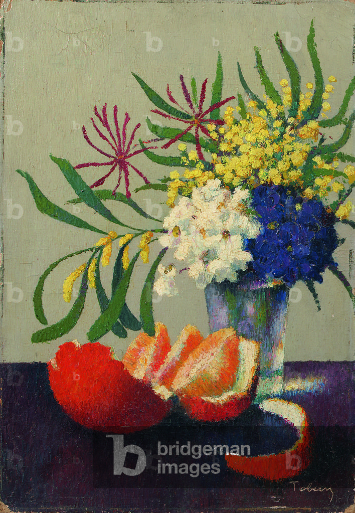 ancora la vita con fiori e un arancione (olio su cartone)