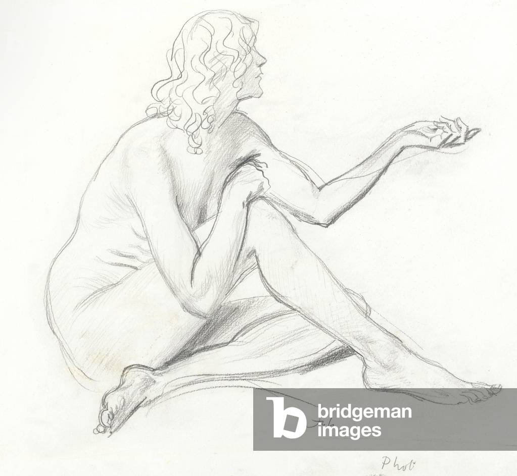 A seated female nude, in profile to right (graphite on paper)