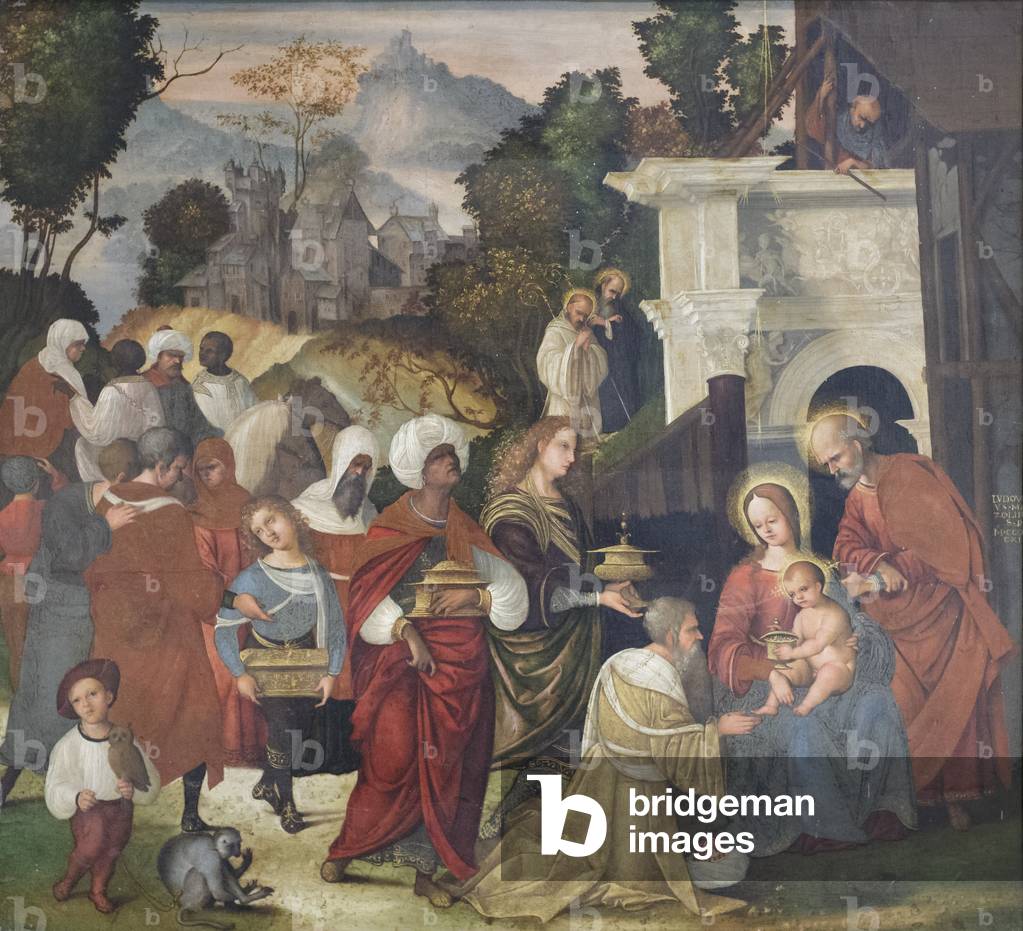 Adorazione dei Magi con i santi Bernardo e Alderico nel paesaggio, 1512 (olio su tavola)