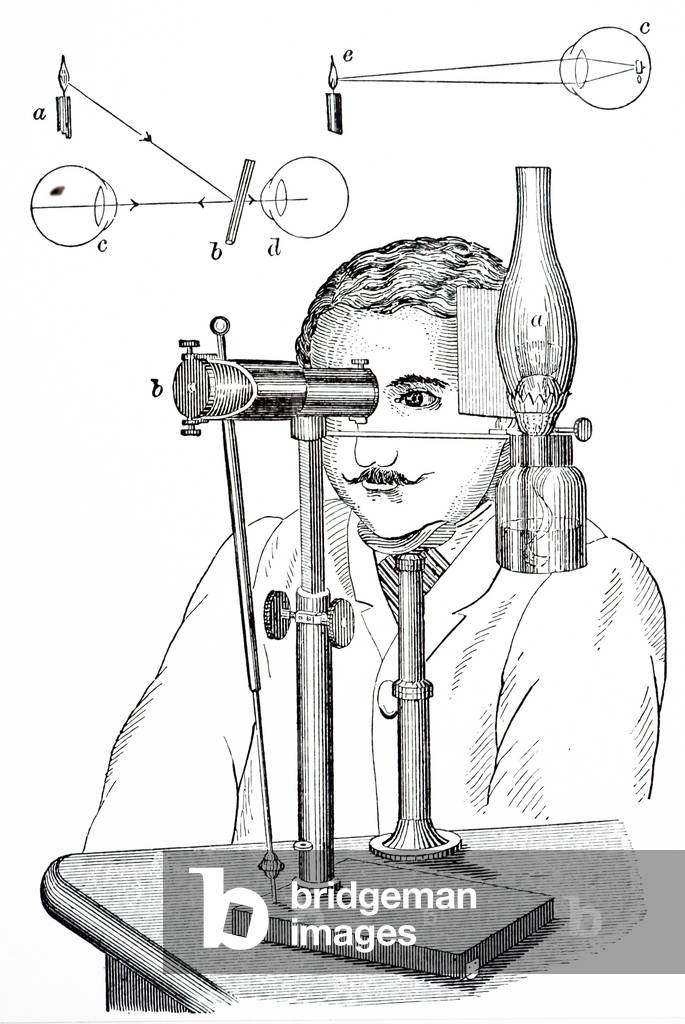 "Un'incisione raffigurante l'auto-oftalmoscopio di Knapp" 1801, b/w