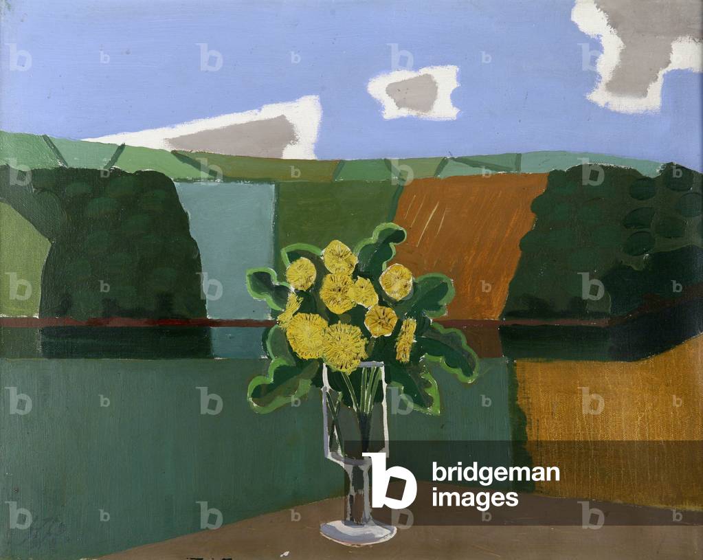 vaso di fiori in un paesaggio (olio su tela)