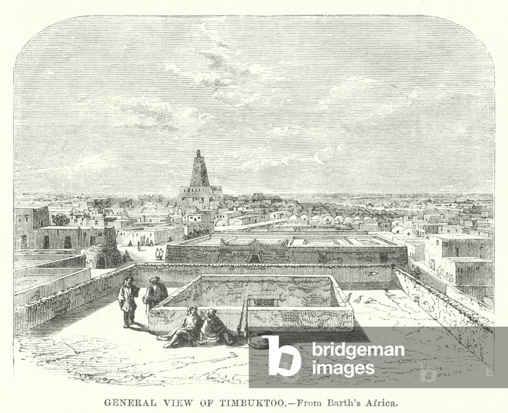 "Vista generale di Timbuktoo (incisione)" di English School, b/w