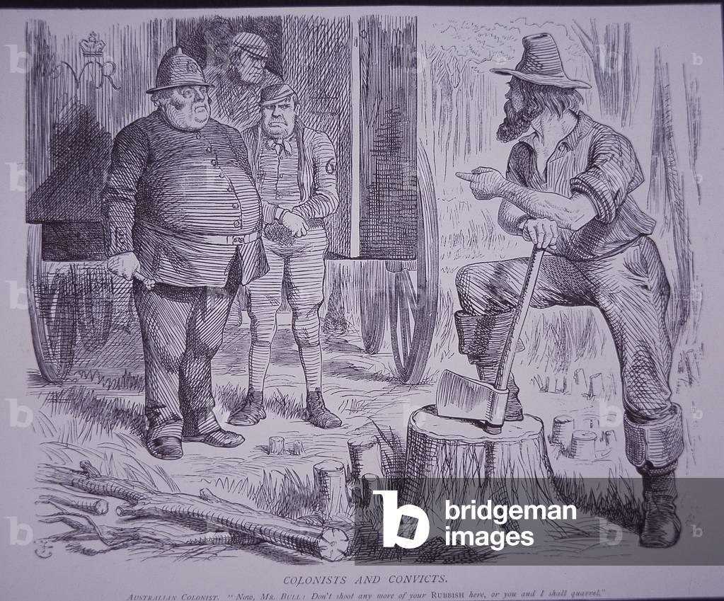 Cartoon zeigt australische Einwände gegen den Transport von Kriminellen aus England, 1864 (Gravur)