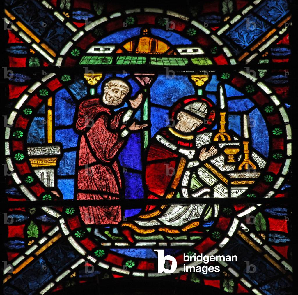 "Finestra n7 raffigurante una scena della vita di san Tommaso Becket: all'altare (vetrate)" di English School