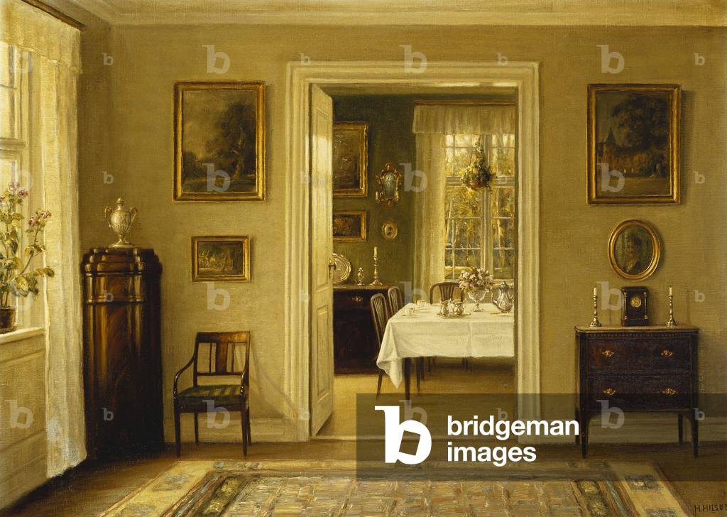 guardando attraverso per il pranzo sala, (olio su tela)