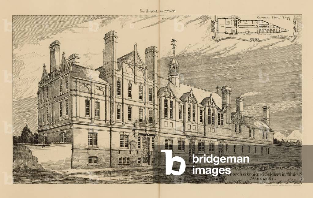 "Church of England Soldiers Institute in Woolwich (incisione)" di English School, b/w