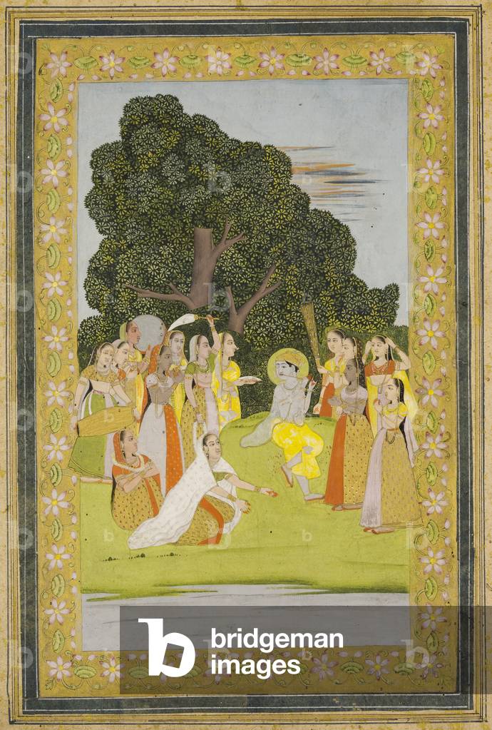 Vishnu mit Begleitern (Gouache auf Gold bestreut Papier)