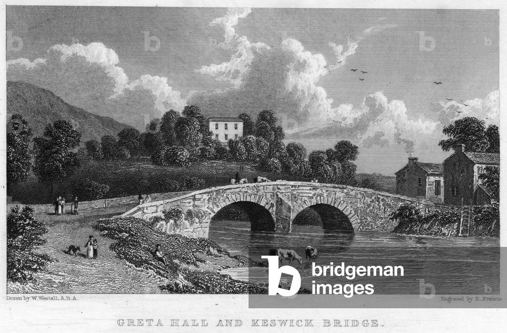 "Greta Hall und Keswick Brücke (Gravur)" von William Westall, b/w
