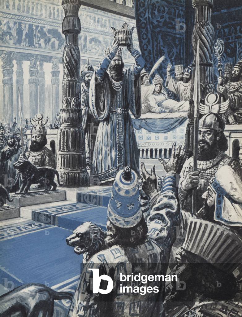 Sapor II, re dell'Impero persiano, incoronato prima di nascere (litografia a colori)