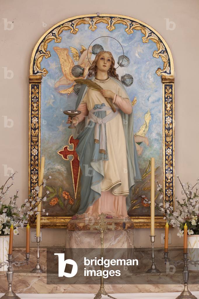 "Pfarrkirche (Església de Sant Jaume). Innere. Eine Kapelle. Eine Statue eines Heiligen. Beginn des 20. Jahrhu
