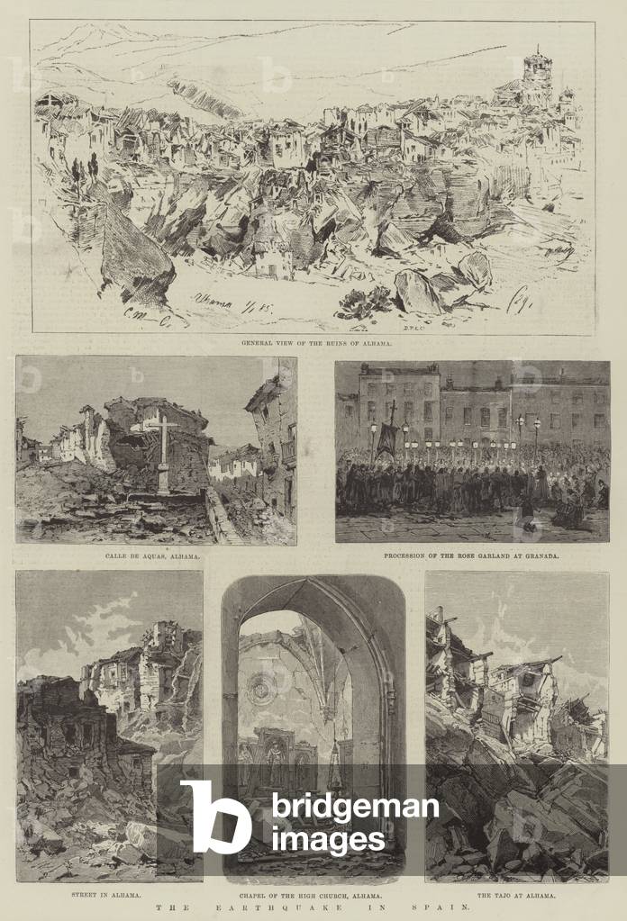 "Das Erdbeben in Spanien (Gravur)" 1885 von English School, b/w