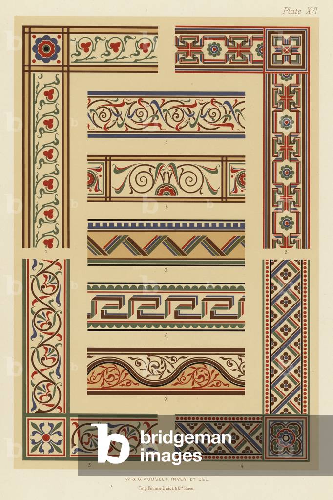 Bänder und Bordüren in satten Farben auf hellem Grund, geeignet zur Trennung von Wandflächen (Farblitho)