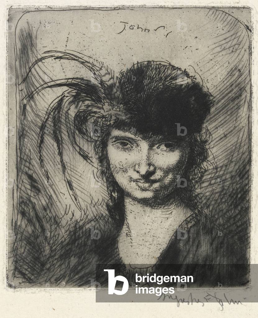 Ragazza sorridente, in cappello di pelliccia e piume, 1906 (incisione)