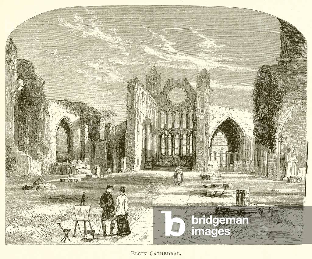"Kathedrale von Elgin (Gravur)" von English School, b/w