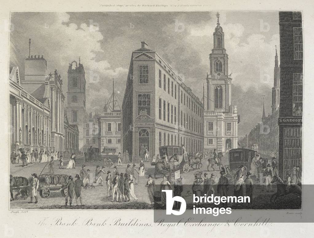 La banca, gli edifici bancari. Royal Exhchange & Cornhill. Una scena affollata della città di Londra.