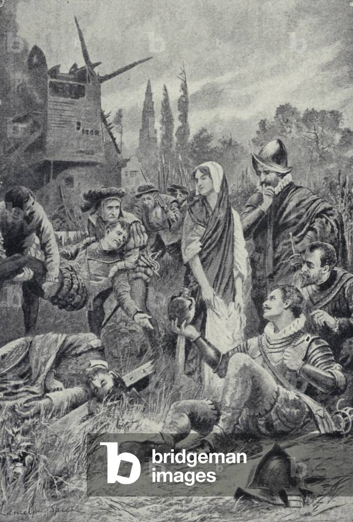 Sir Philip Sidney in der Schlacht von Zutphen (Litho)