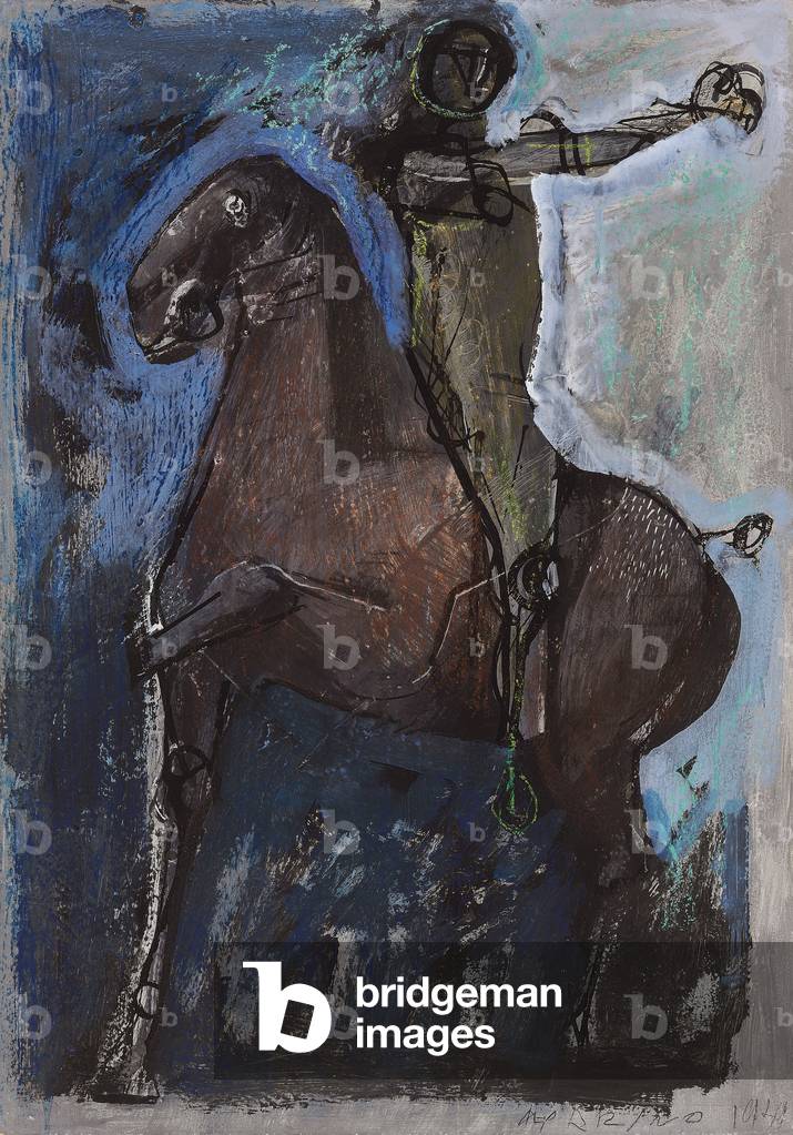 Horse with Rider; Cavallo con Cavaliere, 1949 (oil, gouache, brush, ink and pastel on board)