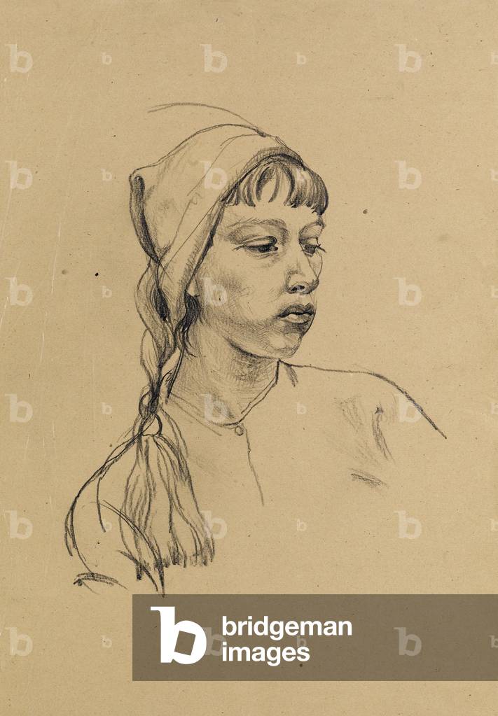 Testa e spalle di Eleanor, futura moglie dell'artista, con un cappello lanoso, occhi abbassati, c.1950 (matita