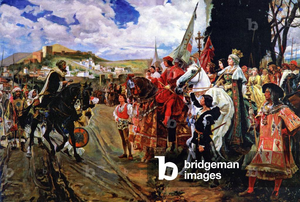 L'ultimo sovrano dell'Andalus, Boabdil, consegna le chiavi di Granada ai monarchi spagnoli nel 1492 (stampa)