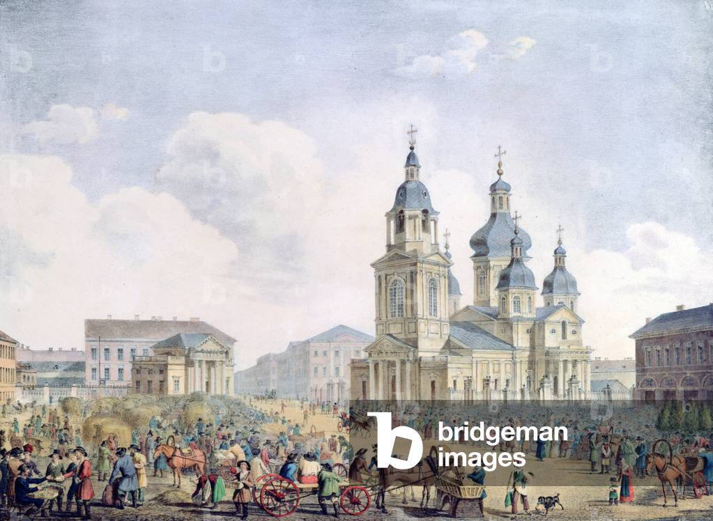 Mercato del fieno (Sennaya Ploschad) San Pietroburgo 1822-1826. Litografia colorata dopo Alexander Bruloffo (1