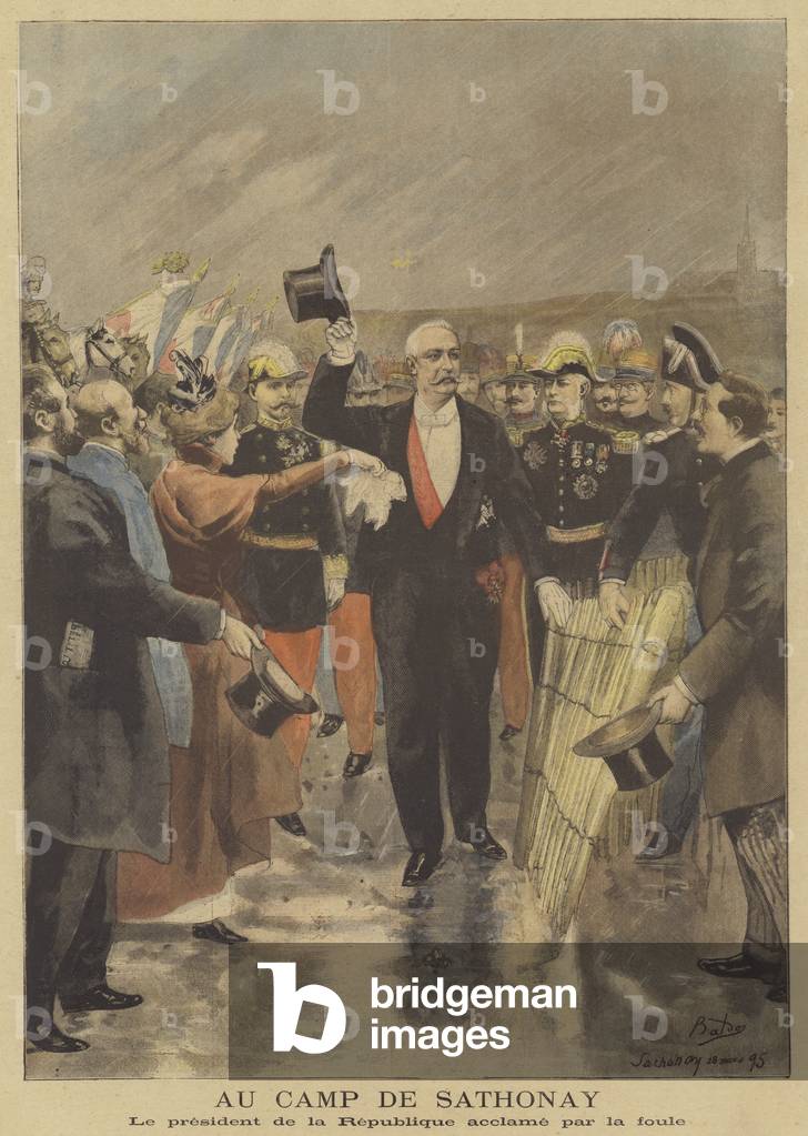 "Presidente Faure acclamato dalla folla al Camp de Sathonay (colore lito)" 1801 di French School, b/w