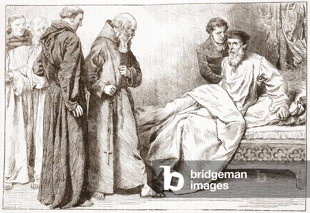 Wicliffe e i monaci: scena nel letto-camera, illustrazione da 'The History of Protestantism 'di James Aitken W