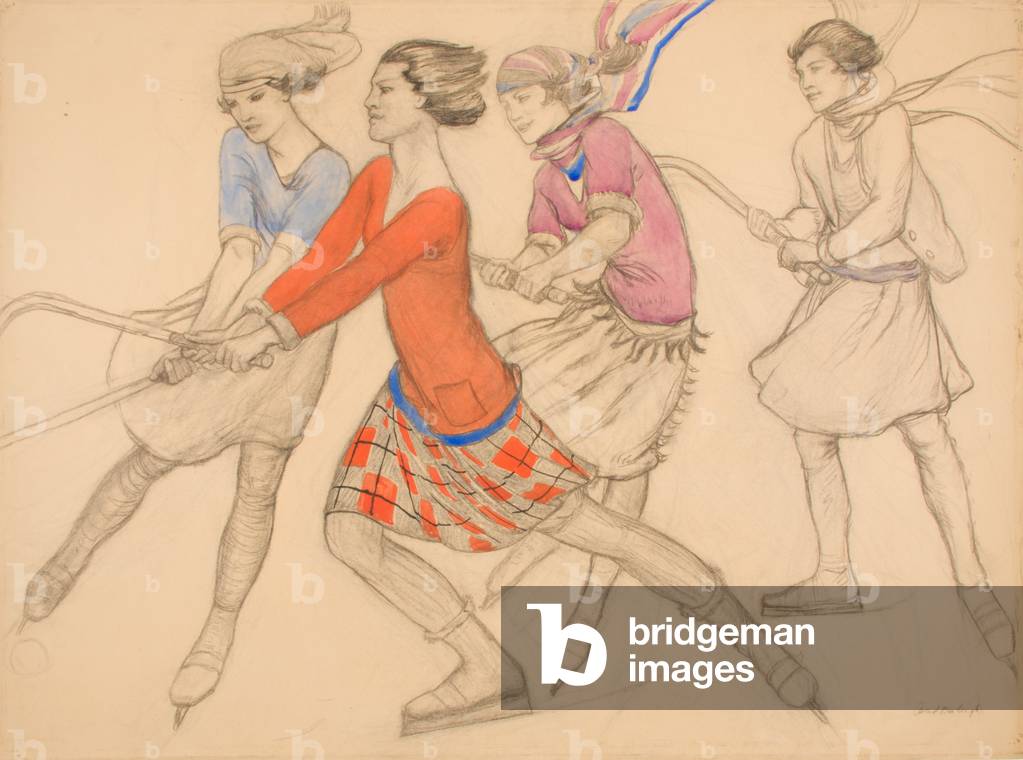 Immagine di Disegno "Hockey sul ghiaccio (matita con acquerello e inchiostro su carta)" di Averil Mary Burleig