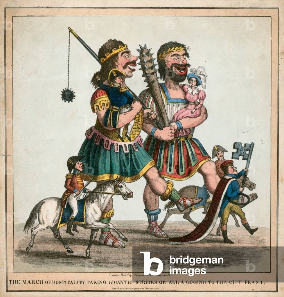 La marcia dell'ospitalità che fa passi giganteschi o tutto un goging alla festa della città (incisione colorat