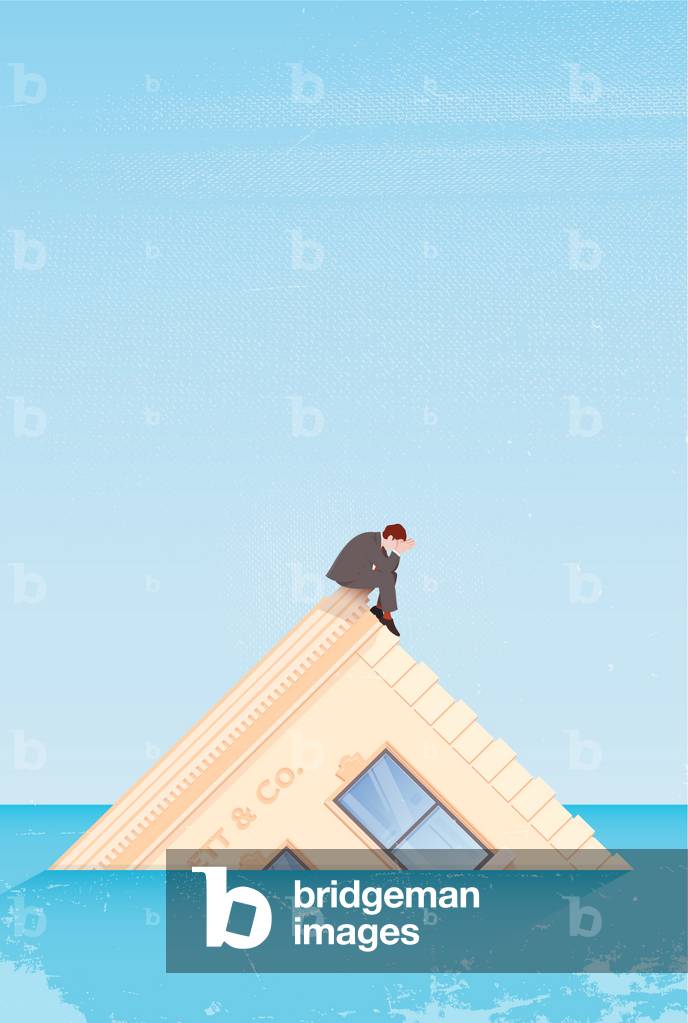 Mann auf sinkendem Gebäude, 2017 (digital)