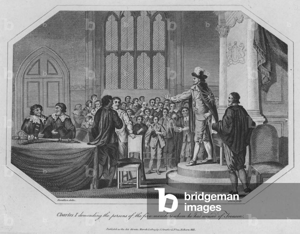 "Carlo I esigendo le persone dei cinque membri che aveva accusato di tradimento (incisione)" di English School