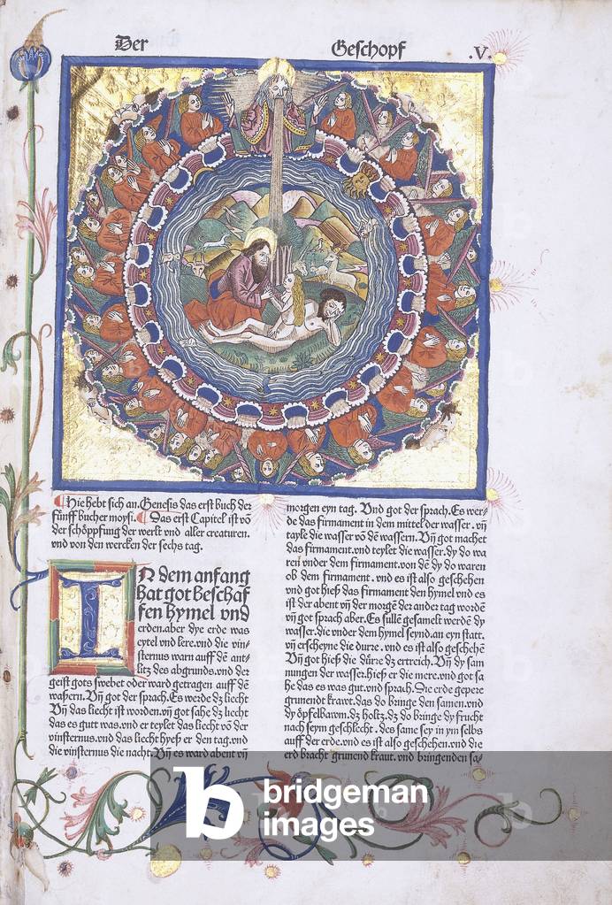 Image of The First Creation of Eve, 1483 (hand-coloured woodcut, gold ...