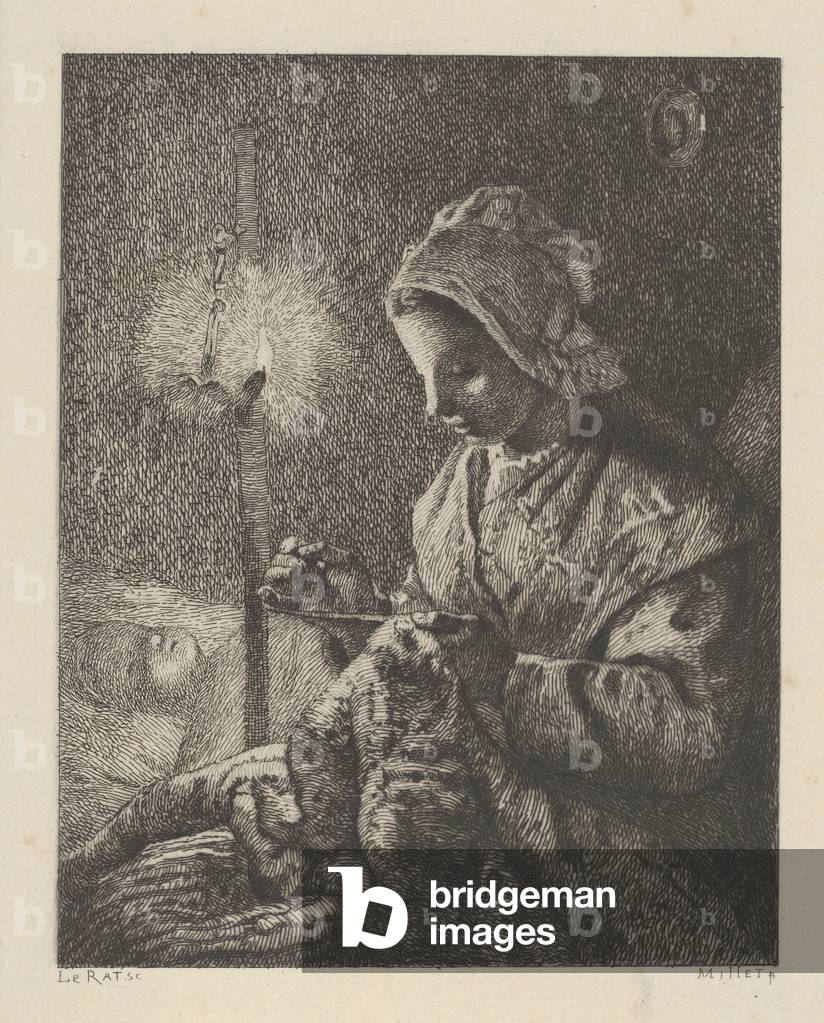 Sewing by Lamplight by Jean-Francois Millet, b/w