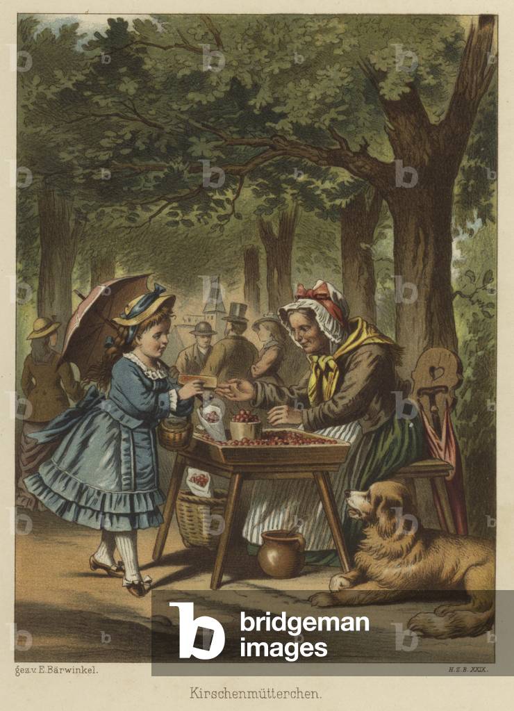 Girl buying cherries from a woman (colour litho) by European Artist