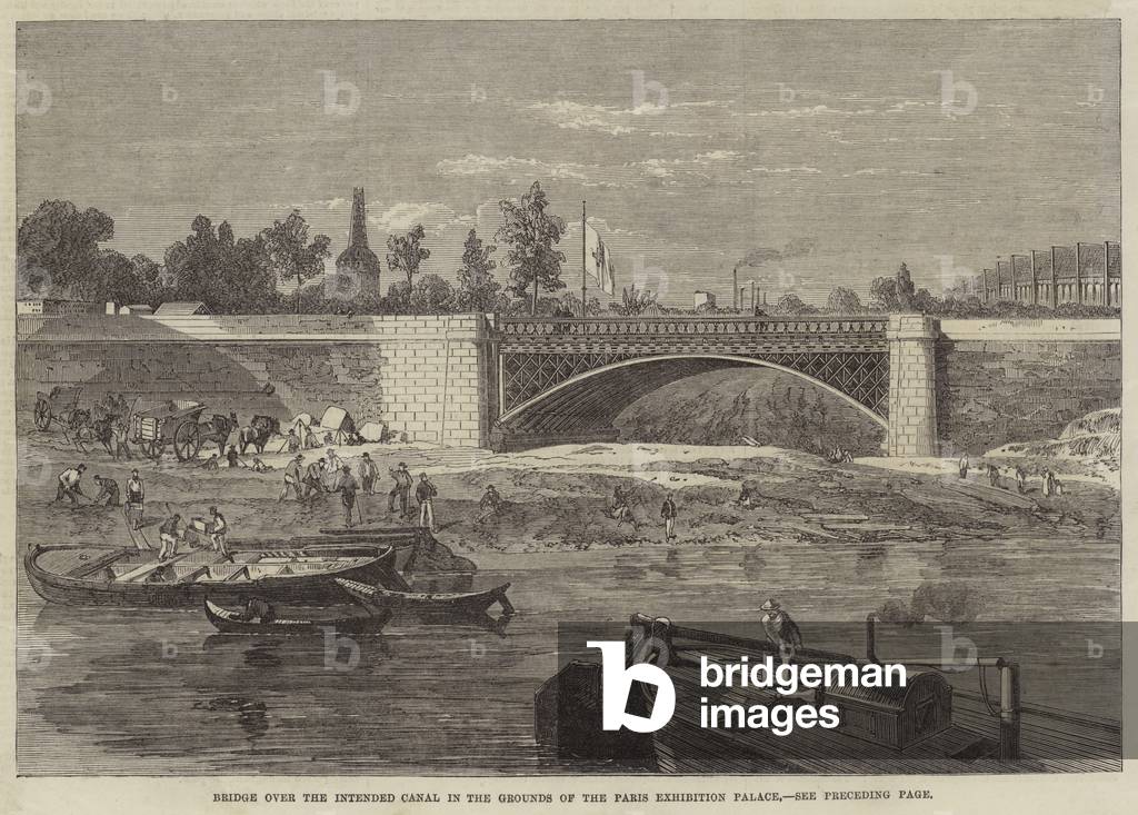 "Ponte sul canale previsto nel parco del parigi mostra palazzo (incisione)" di English School, b/w