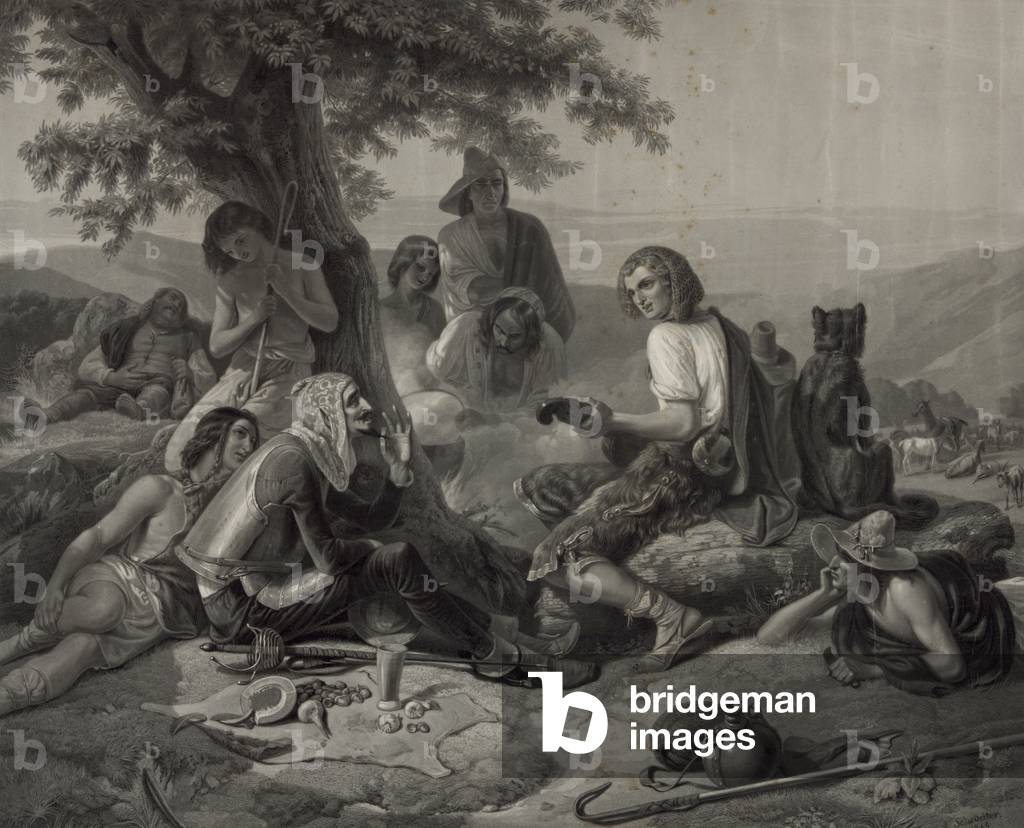 Don Quixote and the shepherds, 1845 (litho)