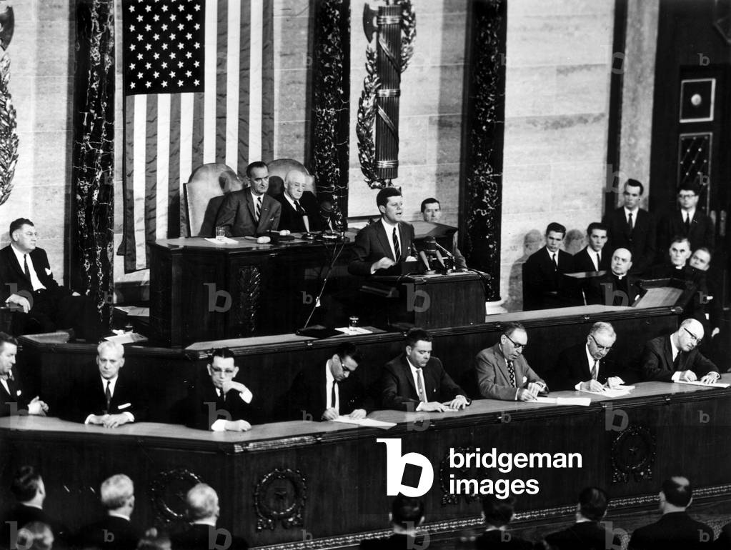 President John F. Kennedy in his historic message to a joint session of the Congress, b/w